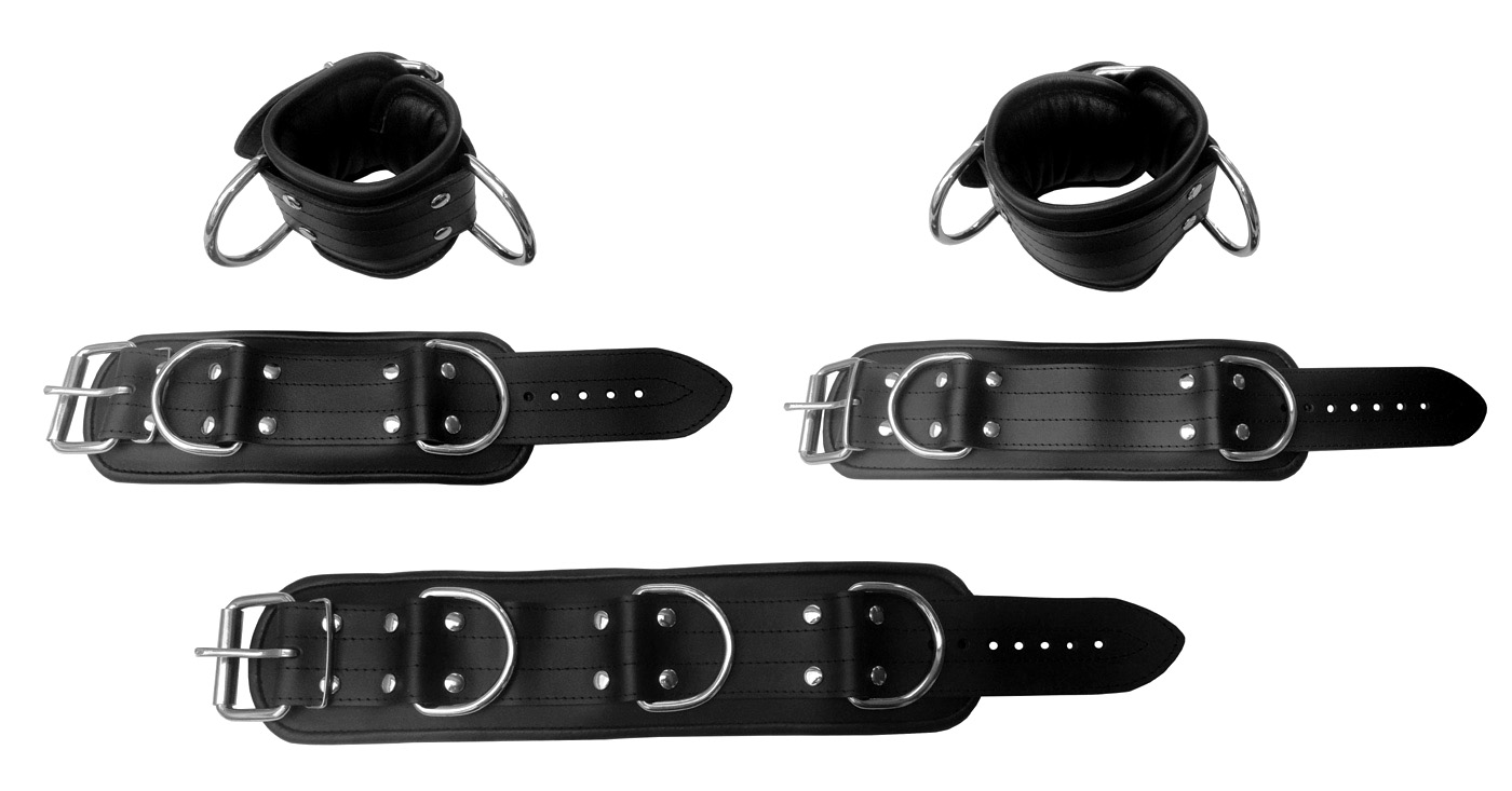 Leder Fesselset schwarz mit großen D-Ringen S-M