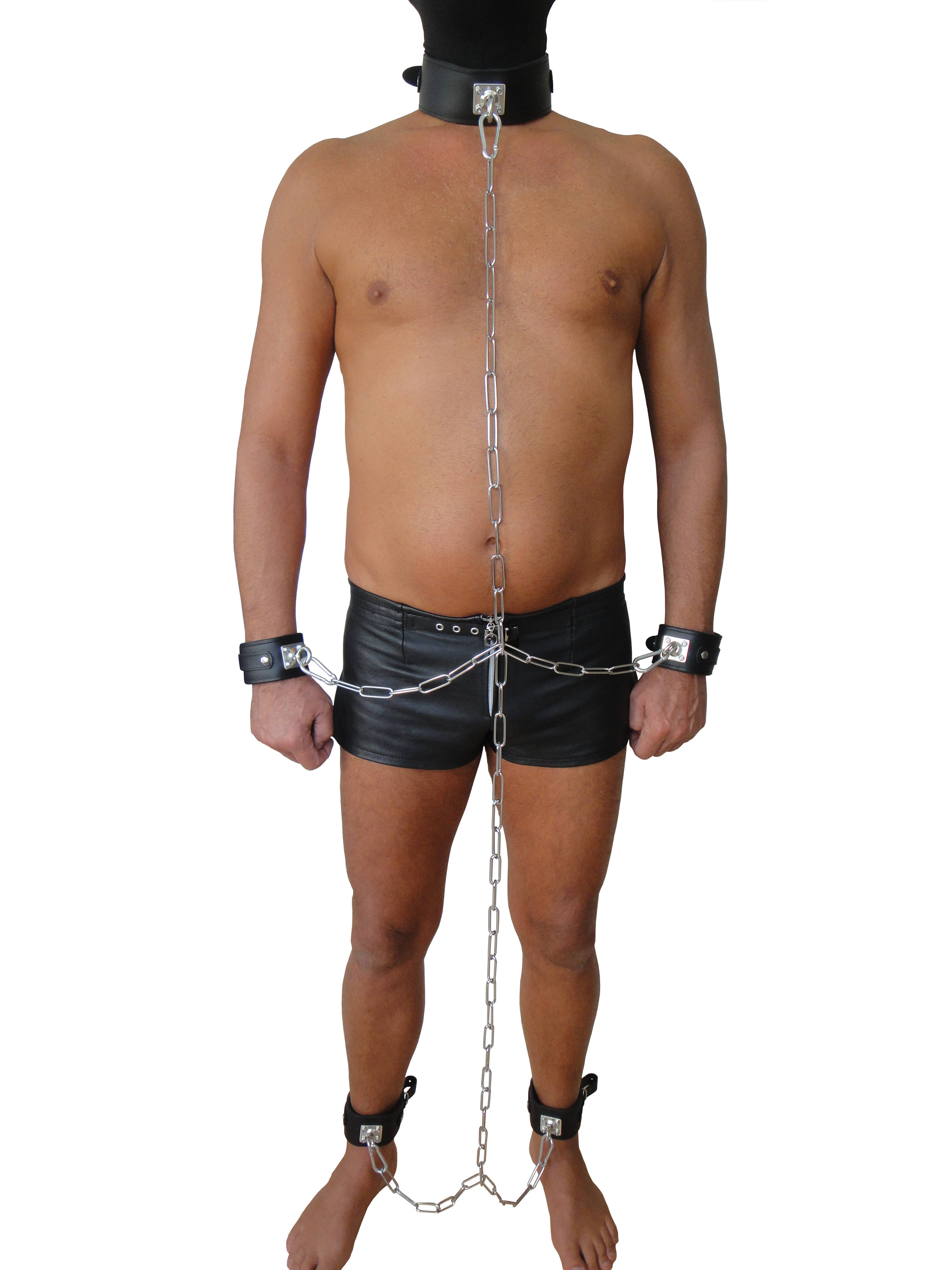 Leder Fesselset mit drehbaren Edelstahlringen Schwarz mit dicker Kette und Karabinern